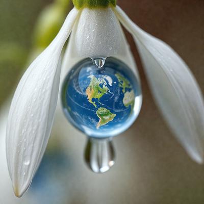 The primary subject of the image is a white flower with a drop of water hanging from it. The setting is a garden, and the visual style is a photo. The dominant colors are white and green, creating a serene and natural atmosphere.